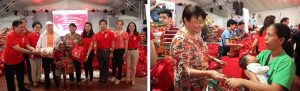 (Left Photo) DSWD Secretary Judy Taguiwalo (4th from left) joins Metrobank Foundation and GT Foundation Head George Ty (3rd from left), Taguig City Mayor Lani Cayetano (5th from left) and other guests during the kick-off activity of Bags of Blessing. (Right Photo) Sec. Taguiwalo beams as she hands a bag of goodies to a mother-beneficiary of the project.