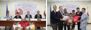 Left Photo: DSWD Undersecretary for Policy and Plans Group Florita Villar, DSWD Secretary Judy M. Taguiwalo,  GT Foundation Executive Director and Metrobank Foundation President Aniceto M. Sobrepeña, and GTFI Deputy Executive Director and Metrobank Foundation Executive Director Nicanor L. Torres sign a Memorandum of Agreement (MOA) for the conduct of the 2017 Bags of Blessing Project.   Right Photo: Ceremonial turnover of the Bags of Blessing food pack to a family beneficiary from the City of Manila.  