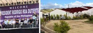 Left photo: DSWD Secretary Judy M. Taguiwalo (5th from left) with President Rodrigo Duterte, other cabinet officials, and local executives during a visit in Tacloban City to inspect the permanent housing project for the survivors of Supertyphoon Yolanda.  Right photo: A look into the New Hope Village, the permanent housing project of the National Housing Authority (NHA) in Brgy. Sta Elena, Tacloban City for 'Yolanda' survivors.