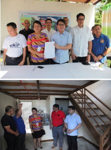 Photo 1: Department of Social Welfare and Development (DSWD) Secretary Judy M. Taguiwalo (first row second from the left) and Quezon City (QC) Mayor Herbert Bautista (front row middle) present the memorandum of understanding (MOU) signed by the Department with the QC local government and Gawad Kalinga (GK) Community Development Foundation, Inc. for the construction of a 130-two storey housing units for persons with disabilities (PWDs) and their families. Also in photo are (first row from left to right): Pamayanan ng may Kapansanan (PMK) President Romeo Deluna, QC 3rd district Rep. Bolet Banal, GK-Quezon City Head Justine Cruz and other GK representatives. Photo 2: Sec. Taguiwalo and Mayor Bautista inspect one of the housing units being constructed at the National Vocational Rehabilitation Center (NVRC) compound which will be turned over to PWDs and their families.