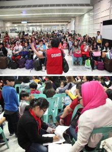 Left photo - Ms. Perlita Panganiban, Social Welfare Officer V of the DSWD- Social Welfare Attache Office leads a team of social workers in welcoming and assisting hundreds of overseas Filipinos who arrived today from Jeddah, Kingdom of Saudi Arabia. The OFs, composed mostly of women and children, availed of the amnesty program of the KSA. Right photo - A DSWD social worker interviews one of the mothers as a requirement for the provision of food and non-food assistance amounting to P5,000.