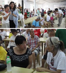 Photo 1: DSWD Assistant Secretary for Centers and Institutions and Other Special Directives, Lorraine Marie T. Badoy sings with a senior citizen during last Saturday's 'Kamustahan with Lolos & Lolas' at Golden Reception and Action Center for the Elderly and Other Special Cases (GRACES) Home for the Elderly in Quezon City.   Photo 2: A volunteer distributes food to the residents of the center.   Photo 3: Outgoing DSWD Secretary Judy M. Taguiwalo converses with a senior citizen during the 'kamustahan'.