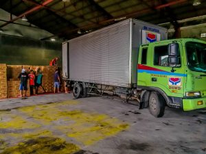 A truck from the Department of Social Welfare and Development (DSWD) National Resource Operation Center in Pasay City arrives in Albay carrying family food packs as augmentation support to the Department's Field Office in Region V, which has been at the forefront of the relief operation for the residents affected by the effects of Mayon's volcanic activities.