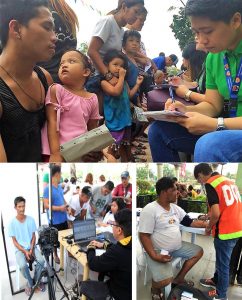 Photo 1: Social workers from the Department of Social Welfare and Development (DSWD) interview homeless families for the provision of appropriate social welfare assistance during the information and service caravan conducted by the Department at Luneta Park.  Photo 2: Representatives from the Philippine Postal Corporation (PhilPost) process identification cards for homeless individuals. Identification documents are important to avail of different government assistance.  Photo 3: Doctors and nurses from the Department of Health (DoH) provide free medical services during the caravan.